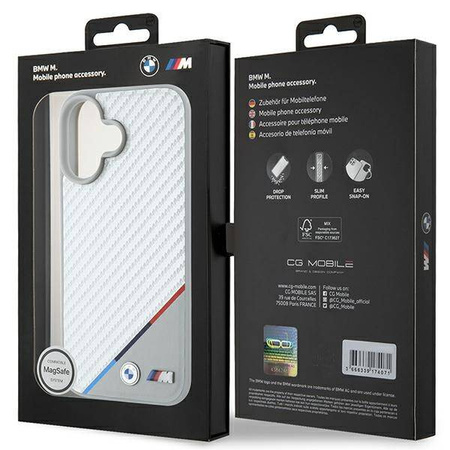 Oryginalne Etui IPHONE 16 BMW Hardcase M Carbon Tricolor Line MagSafe (BMHMP16S23PUDTS) szare