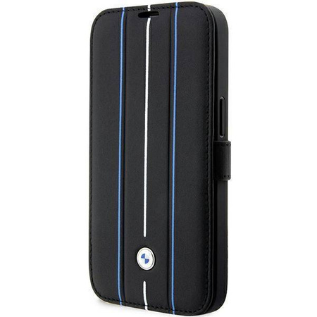 Oryginalne Etui IPHONE 14 PRO BMW Bookcase Leather Stamp Blue Lines (BMBKP14L22RVSK) czarne