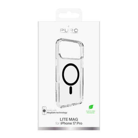 Etui Puro Lite Mag TPU+PC kompatybilne z MagSafe na iPhone 17 Pro - przezroczyste z czarnym pierścieniem