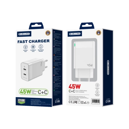 Ładowarka Sieciowa 45W PD GaN 2xUSB-C Jellico C106 biała