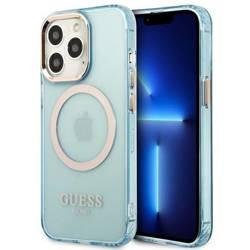 Original Handyhülle IPHONE 13 PRO Guess Hard Case Gold Outline Translucent MagSafe (GUHMP13LHTCMB) blau