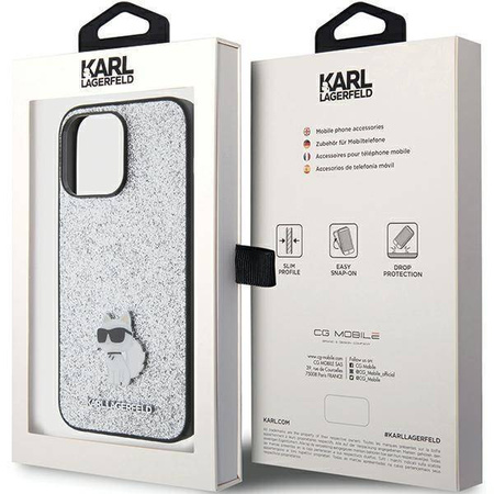 Etui Karl Lagerfeld Fixed Glitter Choupette Logo Metal Pin do iPhone 15 Pro Max - srebrne
