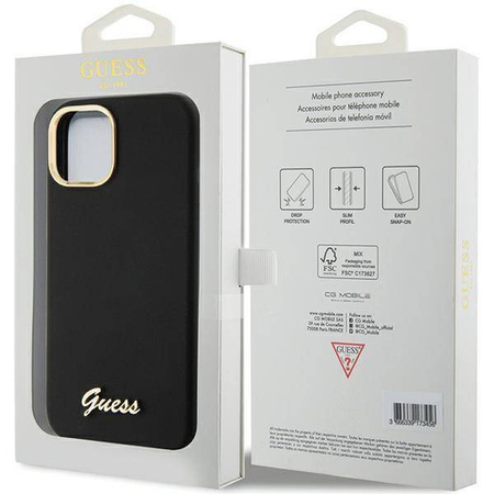 Guess Silikon Script Metal Logo &amp; Frame Hülle für iPhone 15 – Schwarz