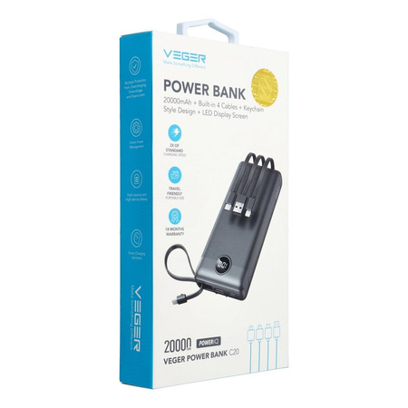 Bateria zewnętrzna (Powerbank) VEGER C20 - 20 000mAh (Micro + Typ C + Lightning 8-pin) czarny (W2047)