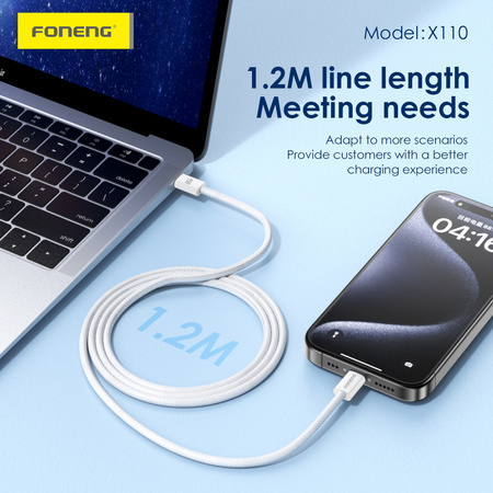 Foneng Kabel X110 - Typ C na Typ C - PD 60W 3A 1,2 metr biały