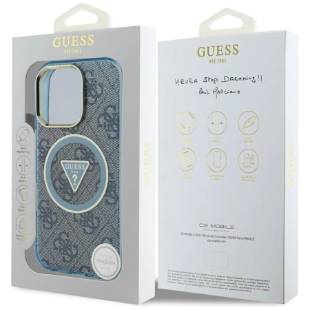 Guess IML Metal Glitter 4G Circle Triangle MagSafe Case für iPhone 16 Pro Max - Blau