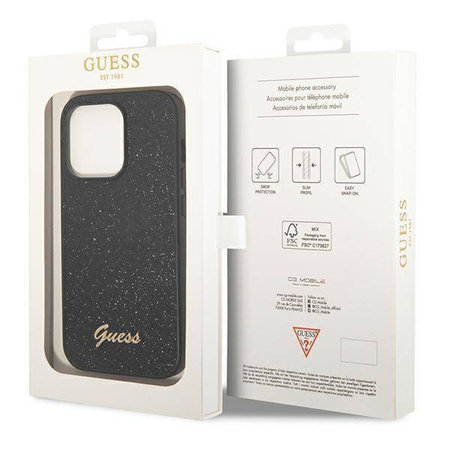 Guess Glitter Flakes Metal Logo Case – Etui iPhone 14 Pro (czarny)