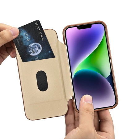 iCarer CE Premium Leather Folio Case skórzane etui iPhone 14 Plus z klapką magnetyczne MagSafe brązowy (WMI14220715-BN)