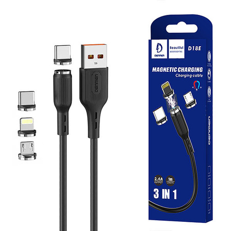 DENMEN KABEL USB 3W1 DENMEN CZARNY D18 MAGNETYCZNY MICRO TYP-C IPHONE 2,4A  1M