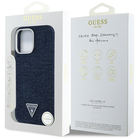 Original Handyhülle IPHONE 16 PRO MAX Guess Denim Triangle Logo MagSafe blau