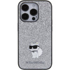 Karl Lagerfeld Feste Glitzer-Choupette-Logo-Metallpin-Hülle für iPhone 15 Pro Max – Silber