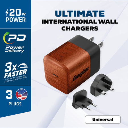 Energizer Ultimate - Ładowarka sieciowa Multiplug EU / UK / US GaN USB-C 20W PD (Walnut burl)