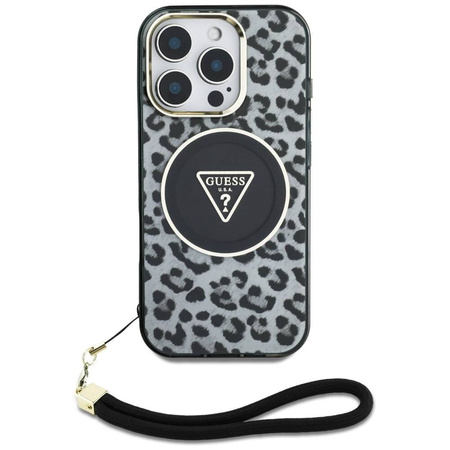 Original Case IPHONE 16 PRO Guess HC IML Leopard Triangle Cord Strap black