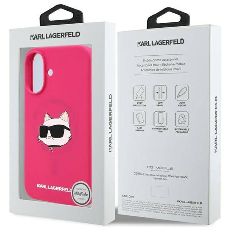 Original Handyhülle IPHONE 16 Karl Lagerfeld Hardcase Silicone Choupette Head Print MagSafe (KLHMP16SSCHPPLF) Fuchsie