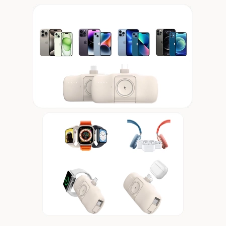 Mini powerbank Wozinsky WF16-YLS 5000mAh 15W Lightning z wbudowanym kablem USB-C i ładowarką do Apple Watch - beżowy