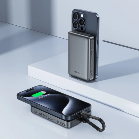 Acefast M10 magnetische Powerbank 2x USB-C PD 30W mit 15W induktivem Laden und USB-C-Kabel - Schwarz