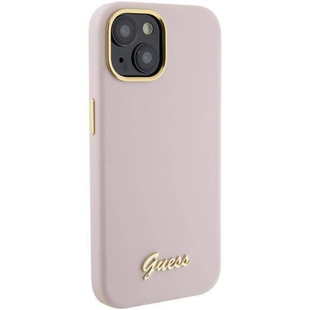 Guess Silikon Script Metal Logo & Frame Hülle für iPhone 15 – Rosa