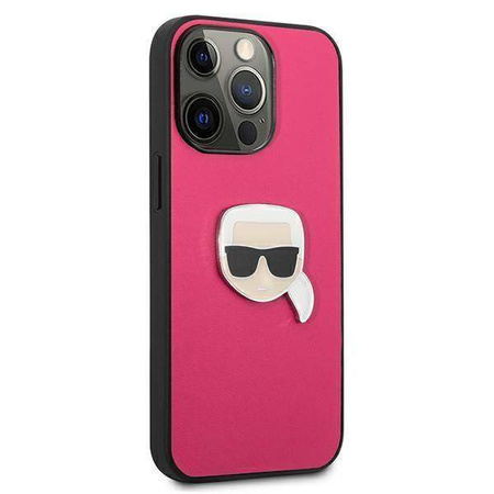Original Case IPHONE 13 PRO Karl Lagerfeld Hardcase Leather Ikonik Karl`s Head Metal (KLHCP13LPKMP) pink