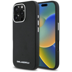 Original Handyhülle IPHONE 16 PRO Karl Lagerfeld Saffiano Full Wrapped Elongated Metal Logo MagSafe schwarz