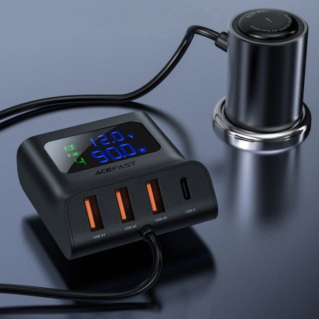 Acefast ładowarka samochodowa 90W USB Typ C / 3x USB / gniazdo zapalniczki, PPS, PD3.0, QC3.0, AFC, FCP stacja ładująca czarny (B8 black)