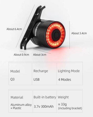 Rockbros Q3 Fahrrad-Rücklicht mit Smart Stop System - Schwarz