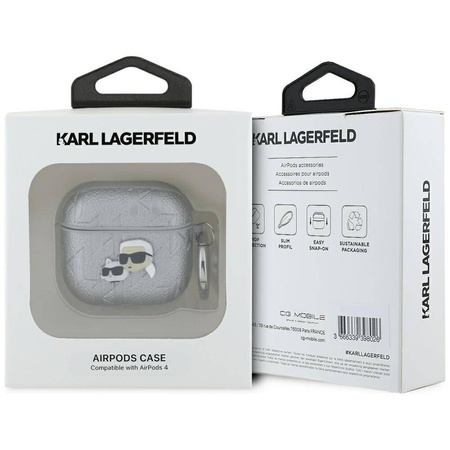 Original Case APPLE AIRPODS 4 Karl Lagerfeld Cover Monogram Karl & Choupette Head silver