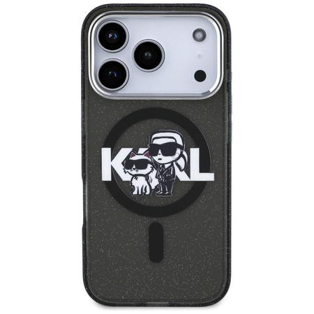 Karl Lagerfeld nakładka Magsafe IML glitter case metal camera frame and buttons Karl and Choupette sketch logo do iPhone 17 Pro transparentna
