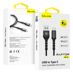 Blavec Kabel Raptor pleciony - USB na Typ C - PD 66W 6A 1 metr (CRA-UC6BG10) czarno-szary