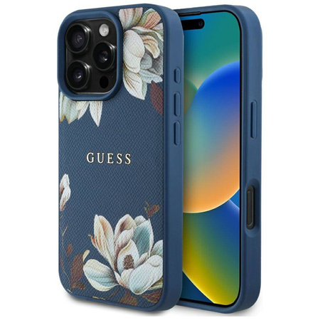 Case IPHONE 16 PRO MAX Guess Grained Printed Flower Pattern MagSafe blue