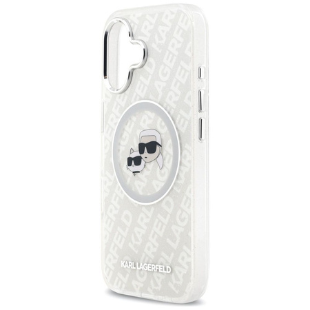 Karl Lagerfeld nakładka Magsafe IML glitter case metal camera frame and buttons Karl and Choupette heads on KL repeated logo do iPhone 17 szara