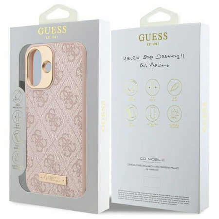 Original Case IPHONE 16 Guess Hardcase 4G Logo Plate MagSafe (GUHMP16SU4GPRP) pink