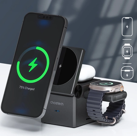 Choetech T632-F inductive charger 15W 3in1 for iPhone / Apple Watch / AirPods - gray