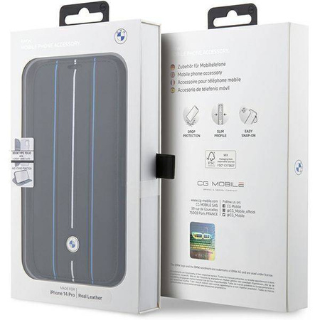 Original Case IPHONE 14 PRO MAX BMW Bookcase Leather Stamp Blue Lines (BMBKP14X22RVSK) black