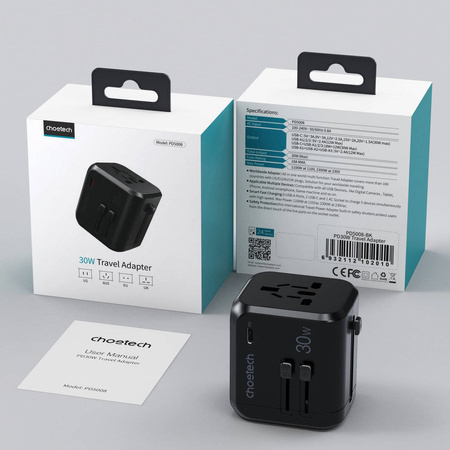 Choetech Fast Universal GaN USB Travel Charger Type C / 3 x USB-A 30W Power Delivery Black (PD5008-BK)