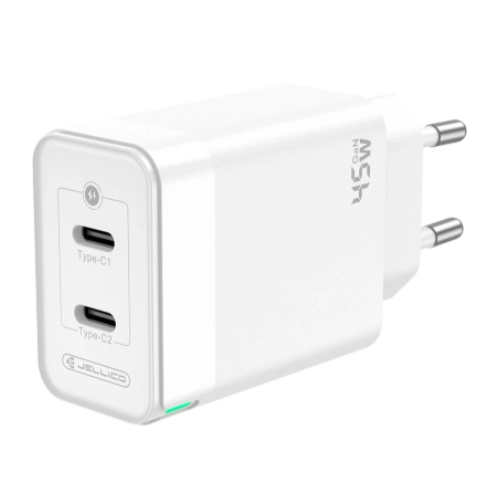 JELLICO ładowarka sieciowa C106 GaN PD 45W 2xUSB-C + kabel USB-C - Lightning Biały