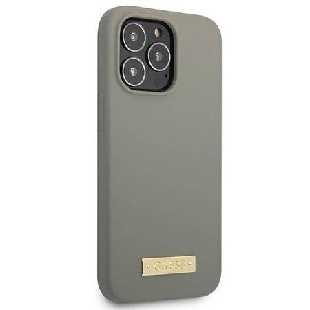 Original Case IPHONE 13 PRO MAX Guess Hard Case Silicone Logo Plate MagSafe (GUHMP13XSPLG) gray
