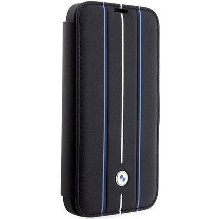 Original Handyhülle IPHONE 14 PRO MAX BMW Bookcase Leather Stamp Blue Lines (BMBKP14X22RVSK) schwarz