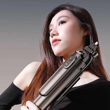 Wozinsky Selfie stick WH181D-Y1S teleskopowy statyw 1.75m ze stopu aluminium z podwójną lampą i uchwytem na telefon - czarny