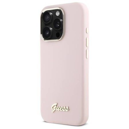 Original Case IPHONE 16 PRO Guess Hardcase Silicone Script Metal Logo & Frame (GUHCP16LSMBSLP) pink