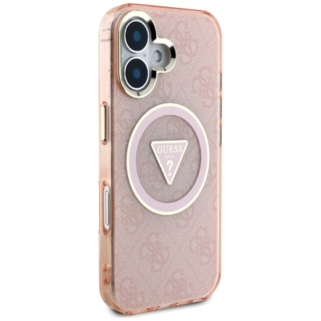 Guess IML Metal Glitter 4G Circle Triangle MagSafe Hülle für iPhone 16 - Pink