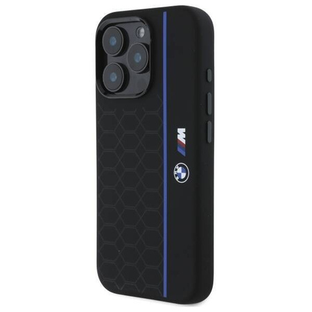 Original Handyhülle IPHONE 16 PRO BMW Hardcase Silicone Hexagon Blue Line MagSafe (BMHMP16L23SHEB) schwarz