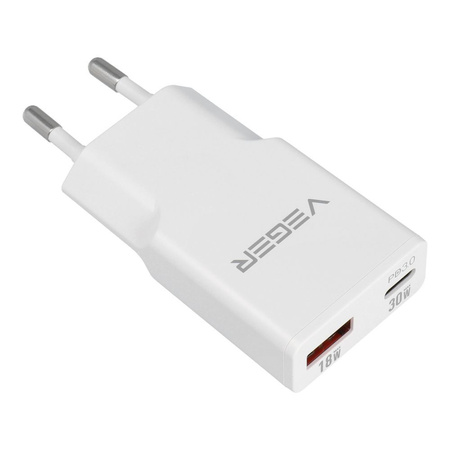 VEGER ładowarka sieciowa USB A + USB C QC PD 30W 30W1A1C biała