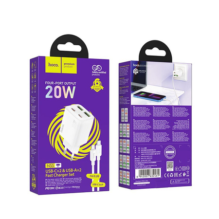 Ładowarka sieciowa do telefonu Hoco 2 x USB C + 2 x USB A QC3.0 PD 3A 20W + kabel USB C do Lightning N55 biała