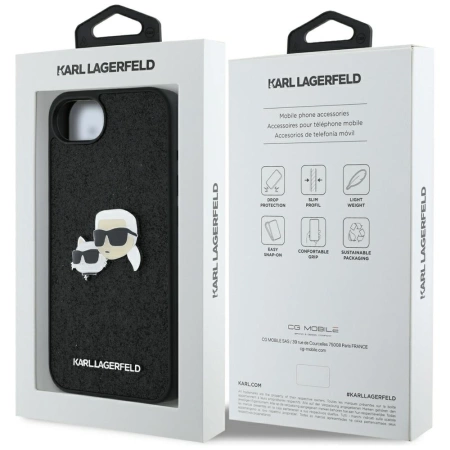 Karl Lagerfeld iPhone 16e Hülle mit festem Glitzer Karl&amp;Choupette Heads Metallstift - Schwarz