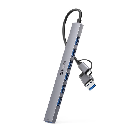 HUB 7-portowy input 2w1: USB-A/USB-C / output: 1x USB-A 3.0 + 6x USB-A 2.0 - szary
