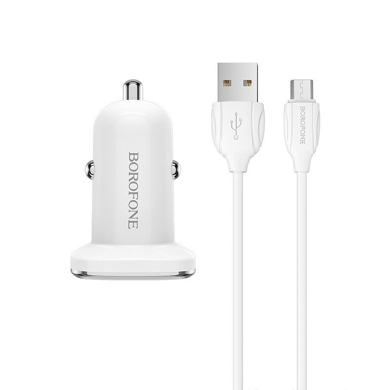 Borofone - ładowarka samochodowa 2x USB kabel micro USB w zestawie, biały