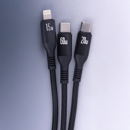 Forever kabel 3w1 USB-C - Lightning + 2x USB-C 1,2 m 60W czarny