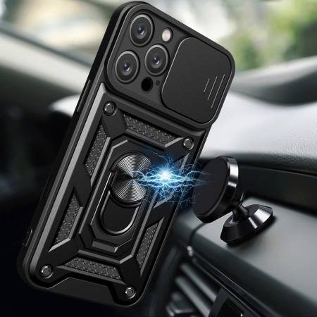 Hybrid Armor Camshield iPhone 16 Pro gepanzerte Hülle mit Kameraabdeckung und Ständer – Schwarz