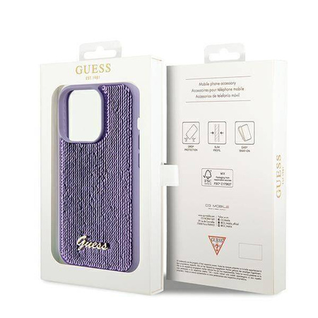 Etui Guess Sequin Script Metal na iPhone 14 Pro Max - fioletowe
