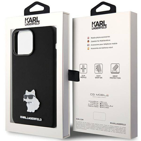Karl Lagerfeld Choupette Metal Pin-Hülle aus Silikon für iPhone 15 Pro – Schwarz